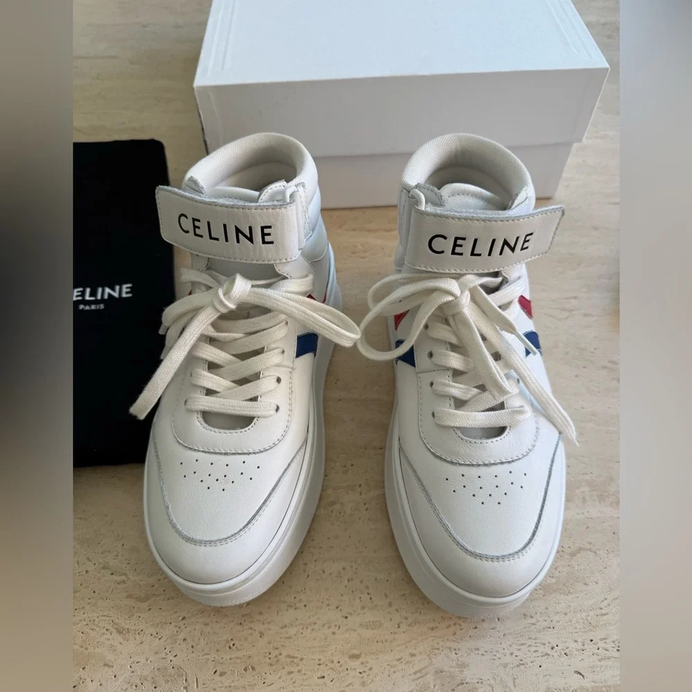 New Celine Mid Lace-up White Calf Skin Sneakers Size:37